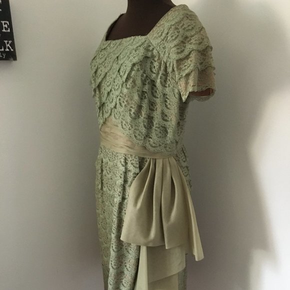 Authentic Original Vintage Style Dresses & Skirts - VINTAGE LARGE GREEN LACE AND SASH DRESS